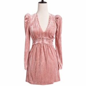 Rachel Parcell Bridal Rose Pink Crinkle Velvet V-Neck Puff Sleeve Mini Dress 0